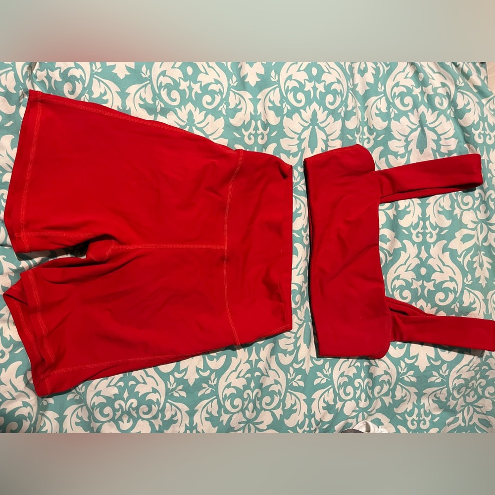 WeWoreWhat small red workout set biker shorts and top